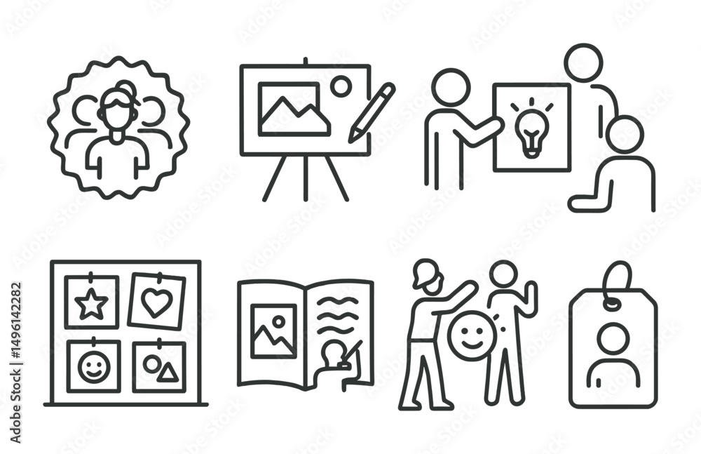 Line style icons of student-led art projects: “designed by teens” badge, sketch-the-plan whiteboard, peer teaching icon, visual idea pitch, wall of co-created posters, collaborative story zine, Line style icons of student-led art projects: “designed by teens” badge, sketch-the-plan whiteboard, peer teaching icon, visual idea pitch, wall of co-created posters, collaborative story zine,