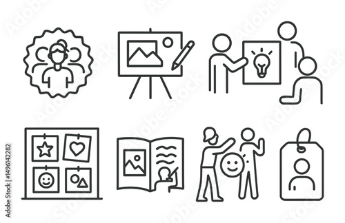 Line style icons of student-led art projects: “designed by teens” badge, sketch-the-plan whiteboard, peer teaching icon, visual idea pitch, wall of co-created posters, collaborative story zine,
