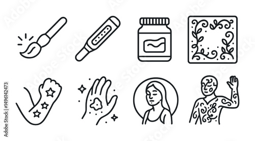 Line style icons of UV and glow body art: neon brush with spark, UV light tool, glow paint jar, glowing pattern frame, stars on skin under blacklight, reactive pigment sketch, outline visible only in