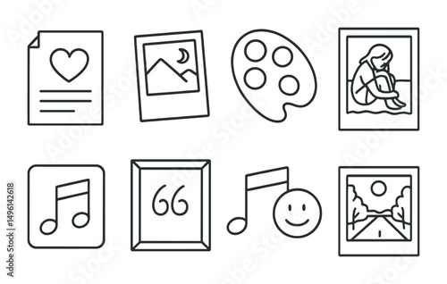 Line style icons of visual expression through playlists and films: draw your favorite lyric, image that matches a movie mood, colors from a soundtrack page, “scene that moved me” sketch, playlist as