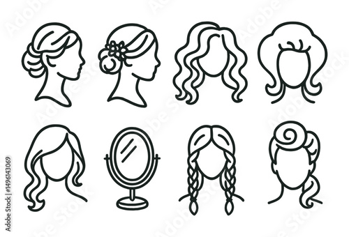 Line style icons of hair for special occasions: prom hair icon, bridal updo sketch, stage volume waves, costume wig shape, date night curl icon, event style mirror, themed braid combo, birthday