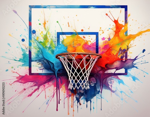 Colorful basketball mural adds vibrant energy to urban sports scene Generative AI