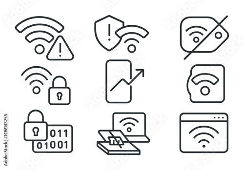 Line style icons of public Wi-Fi risks: open Wi-Fi alert icon, fake hotspot warning, VPN protection symbol, avoid public login tag, Wi-Fi with lock icon, “use mobile data instead” badge, encrypted