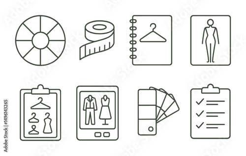 Line style icons of stylist’s essential tools: color wheel, measuring tape, style notebook, body shape chart, outfit planning board, digital tablet with looks, fabric swatch fan, closet evaluation
