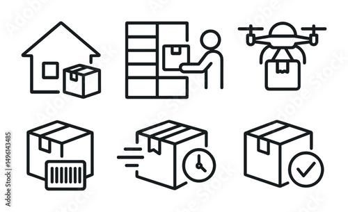 Line style icons of shopping delivery options: home delivery box, locker pickup, curbside handoff, delivery drone, package with barcode, express shipping icon, delayed status symbol, delivery