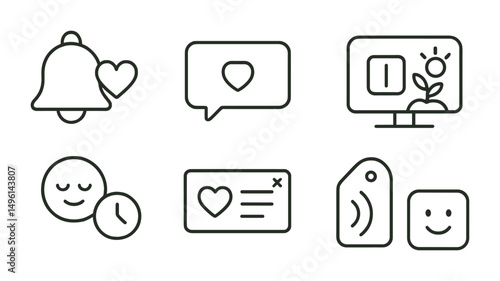Line style icons of gentle reminders and nudges: soft bell + heart icon, notification with kindness, “pause to feel” badge, screen break + breath icon, emoji nudge with clock, support popup icon,