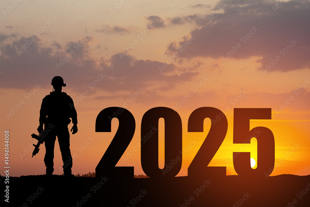 Silhouette of soldier and 2025 against the sunrise or sunset. Silhouette of soldier and 2025 against the sunrise or sunset.
