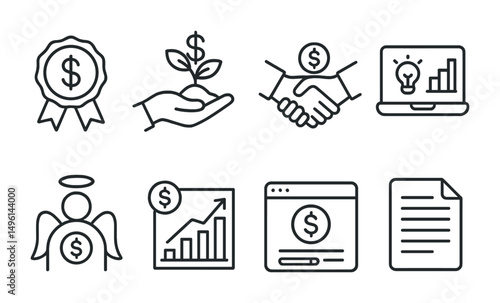 Line style icons of funding stages: bootstrapping badge, pre-seed round icon, seed funding handshake, Series A pitch deck, angel investor icon, VC round graph, crowdfunding page, term sheet file.