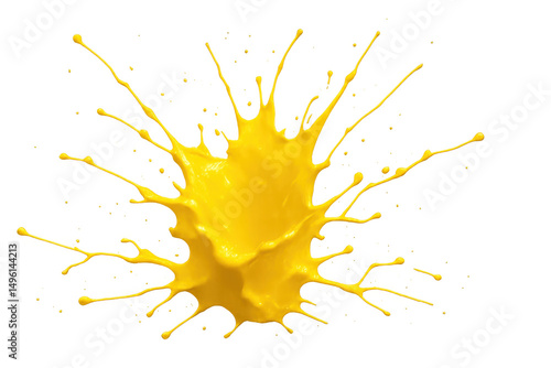 Vibrant yellow paint droplets splattering, bursting with dynamic energy against transparent backdrop