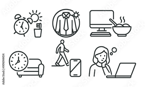 Line style icons of healthy remote habits: morning routine icon, get dressed to work badge, leave desk for lunch tag, scheduled breaks clock, digital detox hour, post-work walk icon, end day