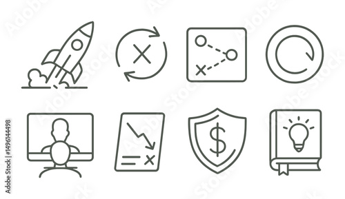 Line style icons of startup failure and resilience: failed launch icon, closed feedback loop, retry roadmap, “start again” badge, founder reflection screen, failed pitch note, bankruptcy shield,
