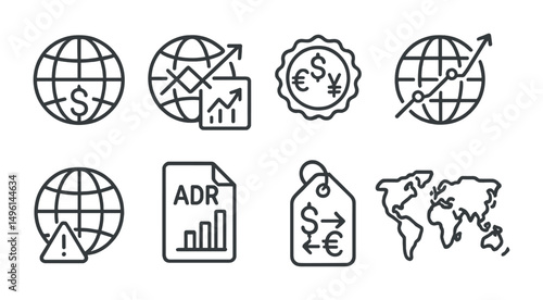 Line style icons of global investing: international fund globe, cross-border stocks icon, currency diversification badge, emerging market chart, geo-political risk symbol, ADR file, exchange rate