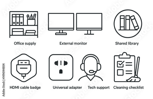 Line style icons of coworking resources: office supply shelf, external monitor setup, shared library icon, extra power outlets tag, HDMI cable badge, universal adapter icon, tech support contact,