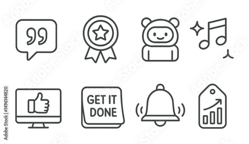 Line style icons of coworking motivation: quote on the wall badge, daily win icon, cowork mascot symbol, vibe + music zone, encouragement screen, “get it done” sticker, celebration bell icon,