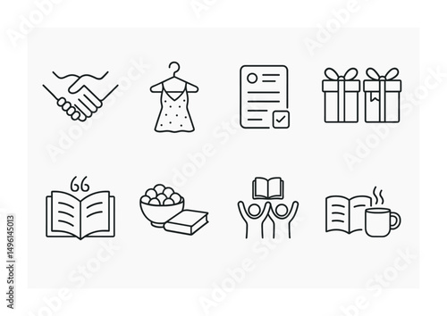 Line style icons of club traditions and rituals: welcome ritual icon, themed dress-up tag, annual reading goal sheet, holiday book swap icon, favorite quote moment, shared snack symbol, celebration