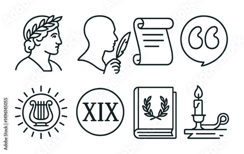 Line style icons of classic poets: figure with laurel crown, silhouette with quill, vintage scroll tag, famous line quote icon, poetic influence badge, century marker, literary legacy book, candle on
