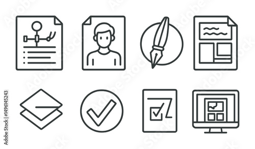 Line style icons of comic creation workflow: plot outline sheet, character design file, penciling stage icon, inking pen badge, lettering file tag, coloring layer symbol, layout revision mark, final