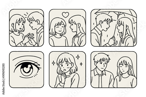 Line style icons of romance manga moments: accidental touch icon, heart over head panel, love confession badge, shared umbrella tag, eye contact zoom, blush + sparkle bubble, couple pose scene,