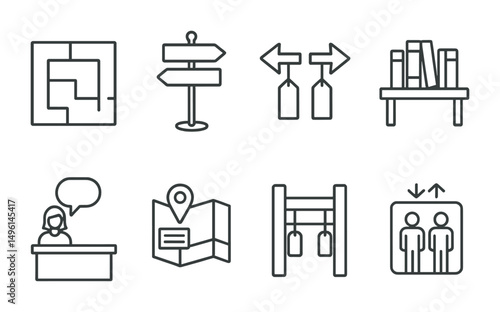 Line style icons of library navigation: floor plan icon, section signs board, genre path arrows, new books display, help kiosk bubble, map + call number guide, shelf ends with signs, elevator access