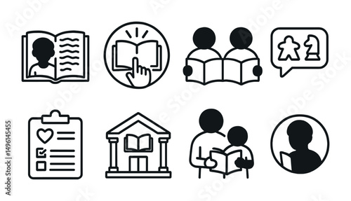 Line style icons of youth and teen book clubs: illustrated chapter icon, read-along badge, buddy reading symbol, game after discussion tag, favorite character poll, library-hosted club icon, parent +