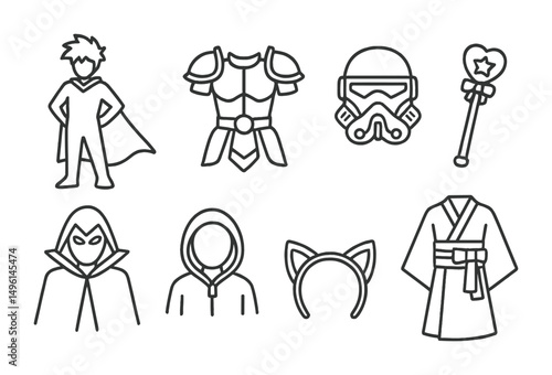 Line style icons of cosplay characters: anime hero silhouette, fantasy warrior armor, sci-fi soldier helmet, magical girl wand, villain cloak and mask, sidekick hoodie, animal ears headband,