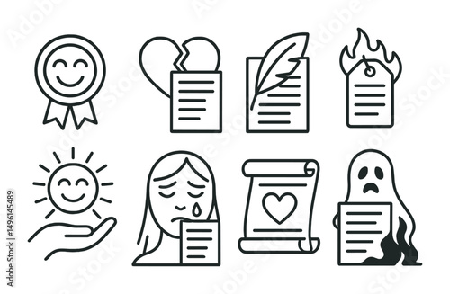 Line style icons of emotional poetry themes: joy in verse badge, heartbreak poem icon, nostalgia feather symbol, anger in lines tag, hope and healing icon, grief in stanzas, love poem scroll, fear