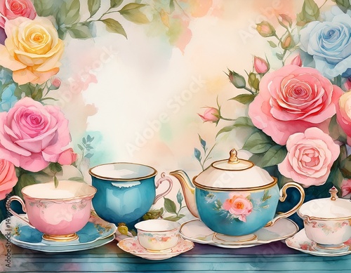 vintage shabby chic background with teacups and pastel colored roses watercolor style