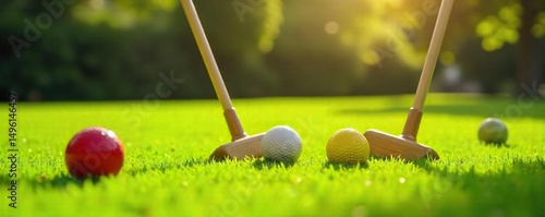 A sunny day on a manicured lawn, croquet mallets poised over hoops, balls ready for play  Perfect for leisure, family fun, or outdoor living imagery ,  strategy,  game