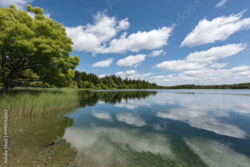 serene summer landscape in nature reserve in ontario featuring lush green trees tranquil lake reflecting sky and