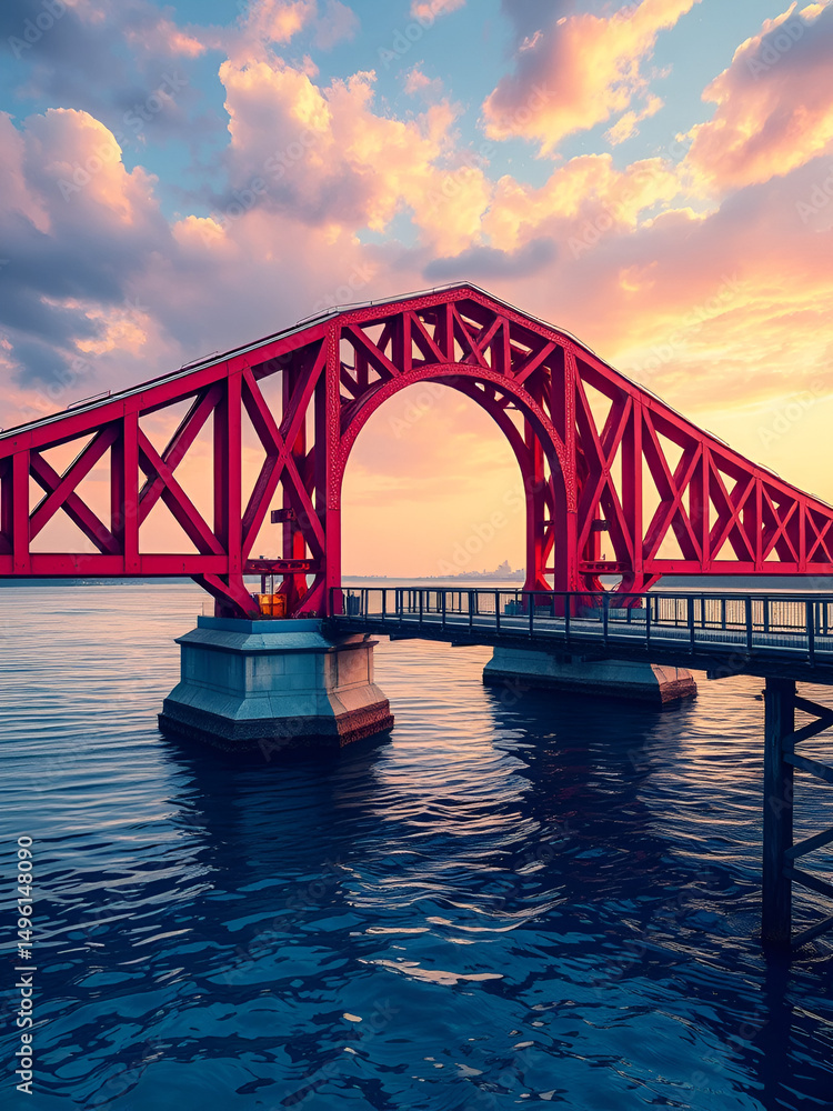 Fototapeta premium Vivid bridge spanning serene waters, artistic rendition in saturated hues