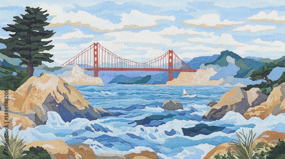 Fototapeta premium Colorful coastal scene with a bridge over the water.