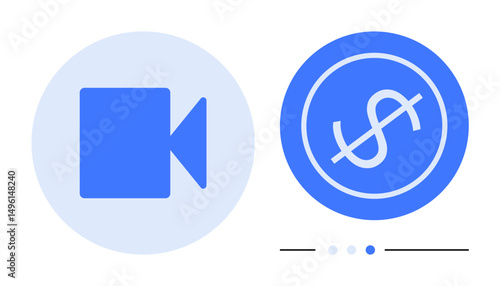 Camera symbol alongside no-cost dollar sign on blue circles, representing free video use. Ideal for video editing, budgeting apps, finance, technology, marketing, streaming, and simple landing page