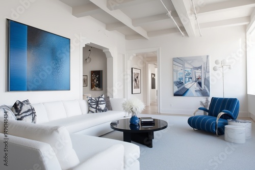 Modern living room with white sofa  abstract blue artwork  round black coffee table  blue accent chair  and white walls with minimalistic decor and natural lighting