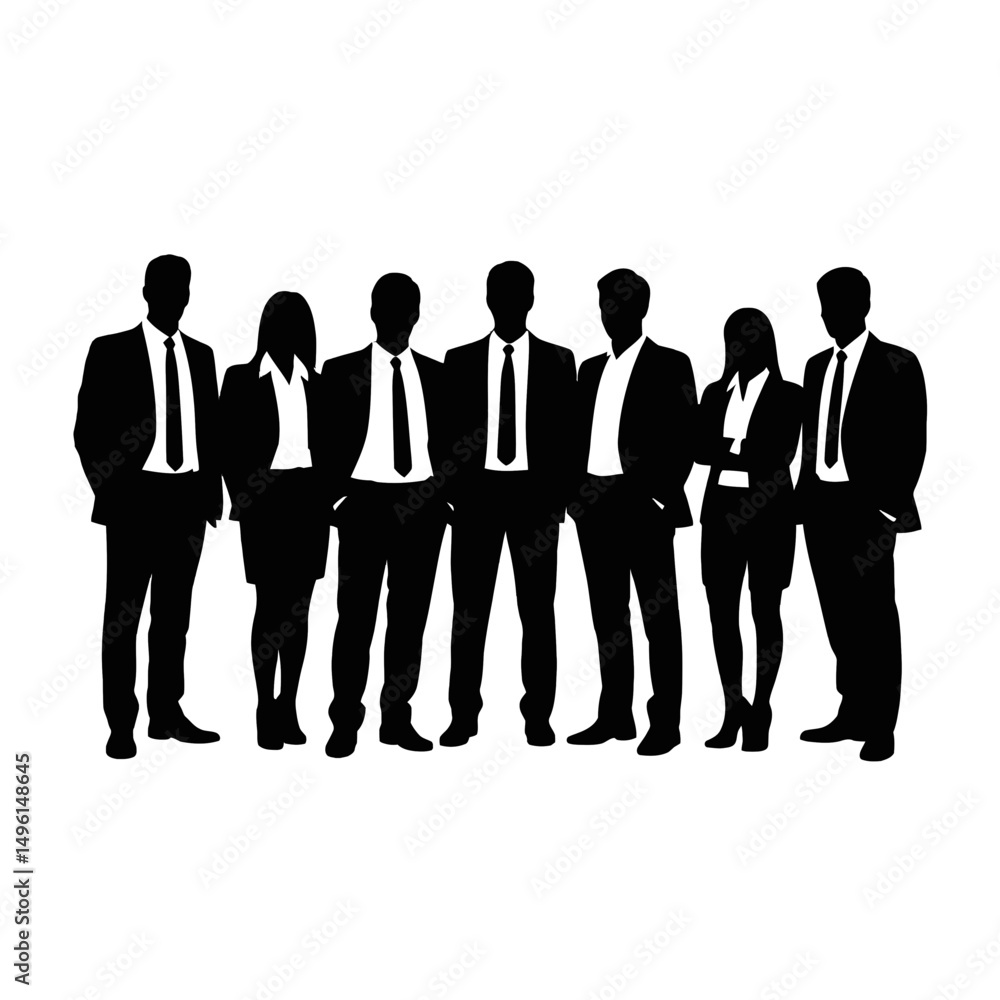 A group of professionals is depicted in silhouette, dressed in formal business attire. A group of professionals is depicted in silhouette, dressed in formal business attire.
