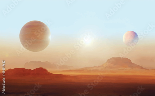 realistic vector illustration of science fiction planet with blue, purple, yellow and orange sky with sun, halo, two moons, red rock and sand barren desert surface, mist, and mountains