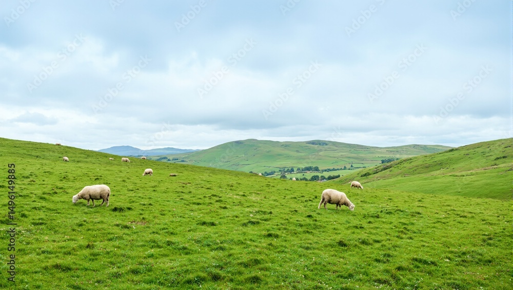 Fototapeta premium Tranquil landscape with sheep grazing on lush green pasture under serene sky distant rolling hills