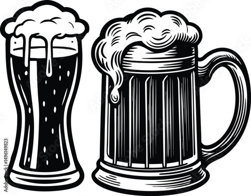 A frothy mug of beer alongside a bubbly glass of champagne, Black and white vector illustration, silhouette