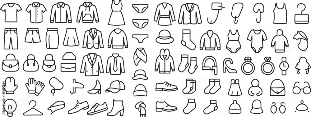 Vector set of Editable Icons for Clothing and Fashion Apparel, Accessories, and Footwear Vector set of Editable Icons for Clothing and Fashion Apparel, Accessories, and Footwear
