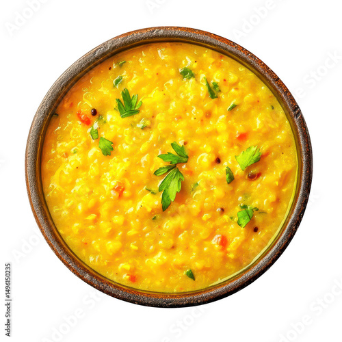 Overhead view of yellow lentil soup with herbs in bowl on transparent background