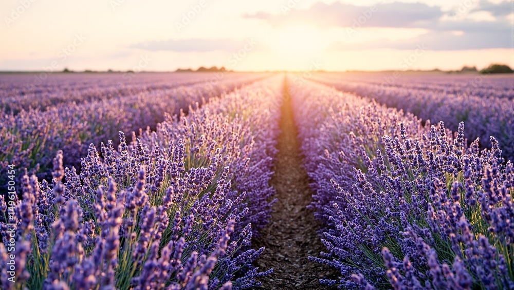 Obraz premium Vivid lavender field in full bloom under the warm afternoon sun rows of purple flowers creating a relaxing and picturesque scene