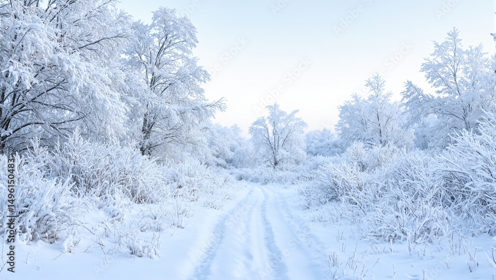 Tranquil winter scene snow covered forest under pale sky frosted branches serene ambiance with only soft footstep sounds Tranquil winter scene snow covered forest under pale sky frosted branches serene ambiance with only soft footstep sounds