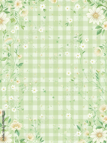 Light green cute girly floral gingham plaid spring vector repeat pattern banner, wide horizontal background design