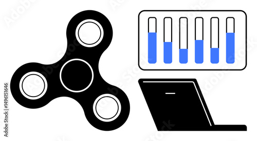 Fidget spinner, digital performance chart with blue bars, laptop. Ideal for productivity, focus, mental health, technology tools, stress relief, performance analytics simple landing page