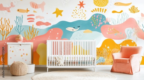 Colorful underwater mural decorates a nursery.
