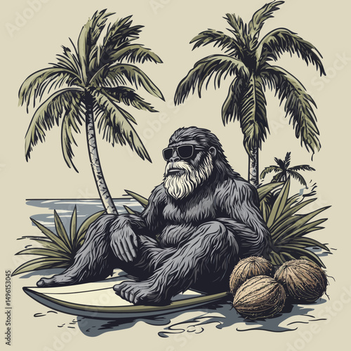 The modern illustration depicts Bigfoot sunbathing on the beach