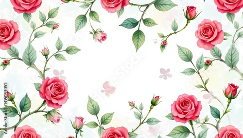 Delicate watercolor rose buds, leafy vines Seamless repeat , bloom, floral design
