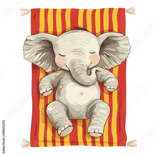 The modern illustration features a cartoon elephant character sunbathing at a summer resort, where a funny comic wild animal is shown relaxing on a green beach towel on a white background,