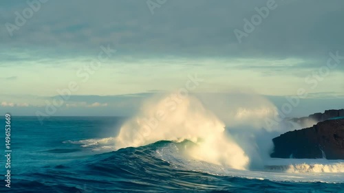 A large wave crashing against a rocky coastline creating sea foam and powerful spray, with a vibrant blue ocean and partially cloudy sky during daylight.