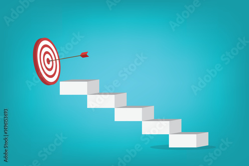 Goal, motivation to success. Climb up stairs to reach goal target on the top.