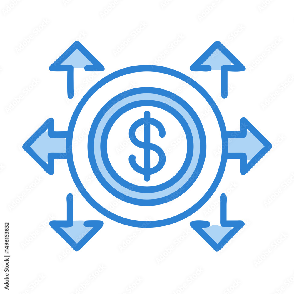 Money flow diagram showing investment and financial growth with dollar sign and blue arrows around it on transparent background Money flow diagram showing investment and financial growth with dollar sign and blue arrows around it on transparent background